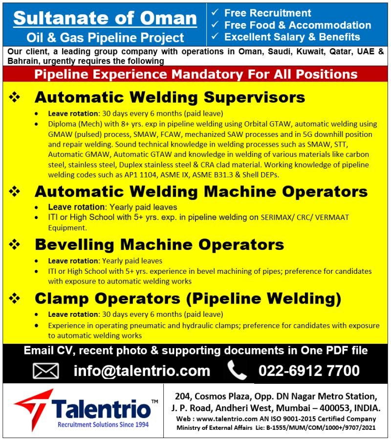 Oman Oil & Gas Pipeline Project Jobs 2026 | Free Recruitment Oman Oil & Gas Pipeline Project Jobs 2026 | Free Recruitment