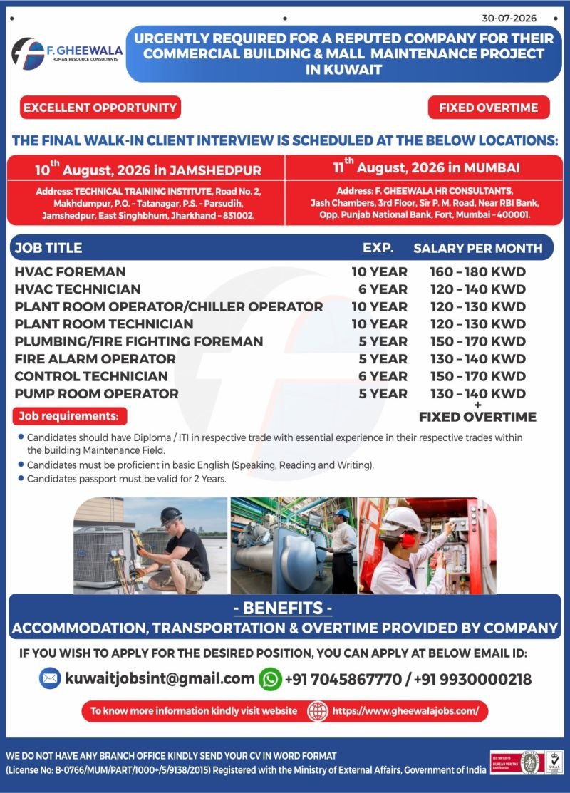 Jobs in Kuwait - Building & Mall Maintenance Project