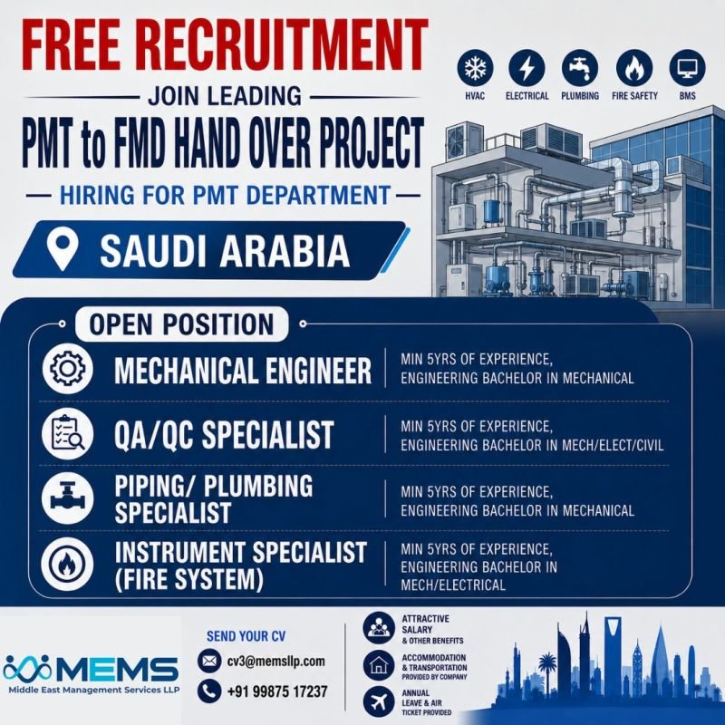 Saudi Arabia - hiring Engineering professionals for exciting opportunities in the PMT Department.