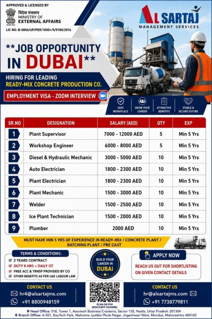 Hiring for Dubai – Ready-Mix Concrete Production Company