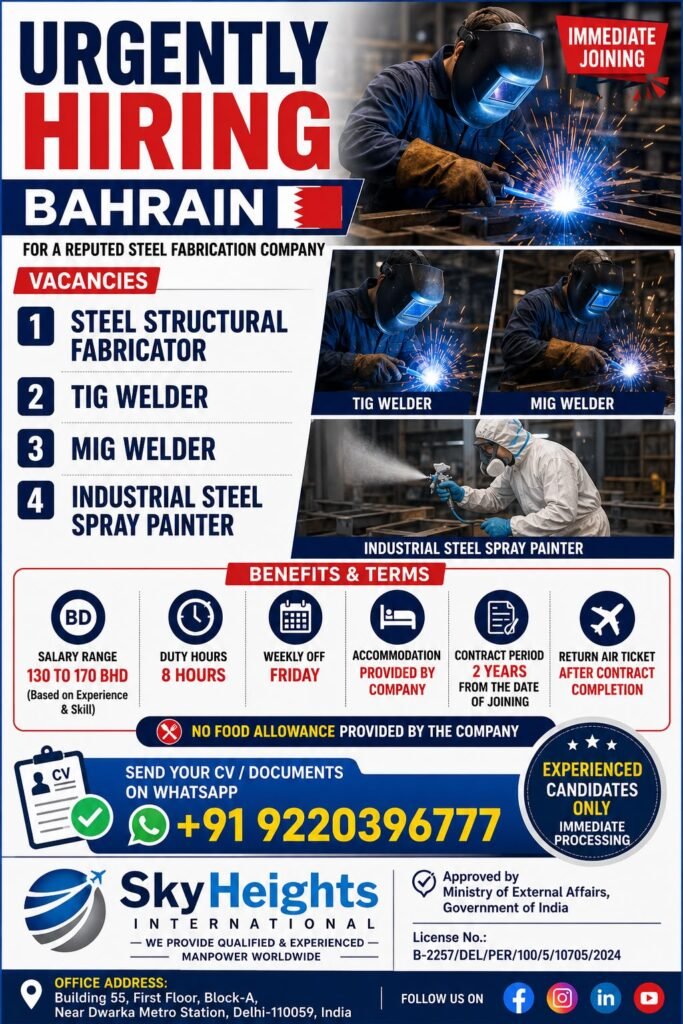 Bahrain Steel Fabrication Jobs 2026 | Structural Fabricator, TIG Welder & MIG Welder Vacancies | Apply Now Bahrain Steel Fabrication Jobs 2026 | Structural Fabricator, TIG Welder & MIG Welder Vacancies | Apply Now