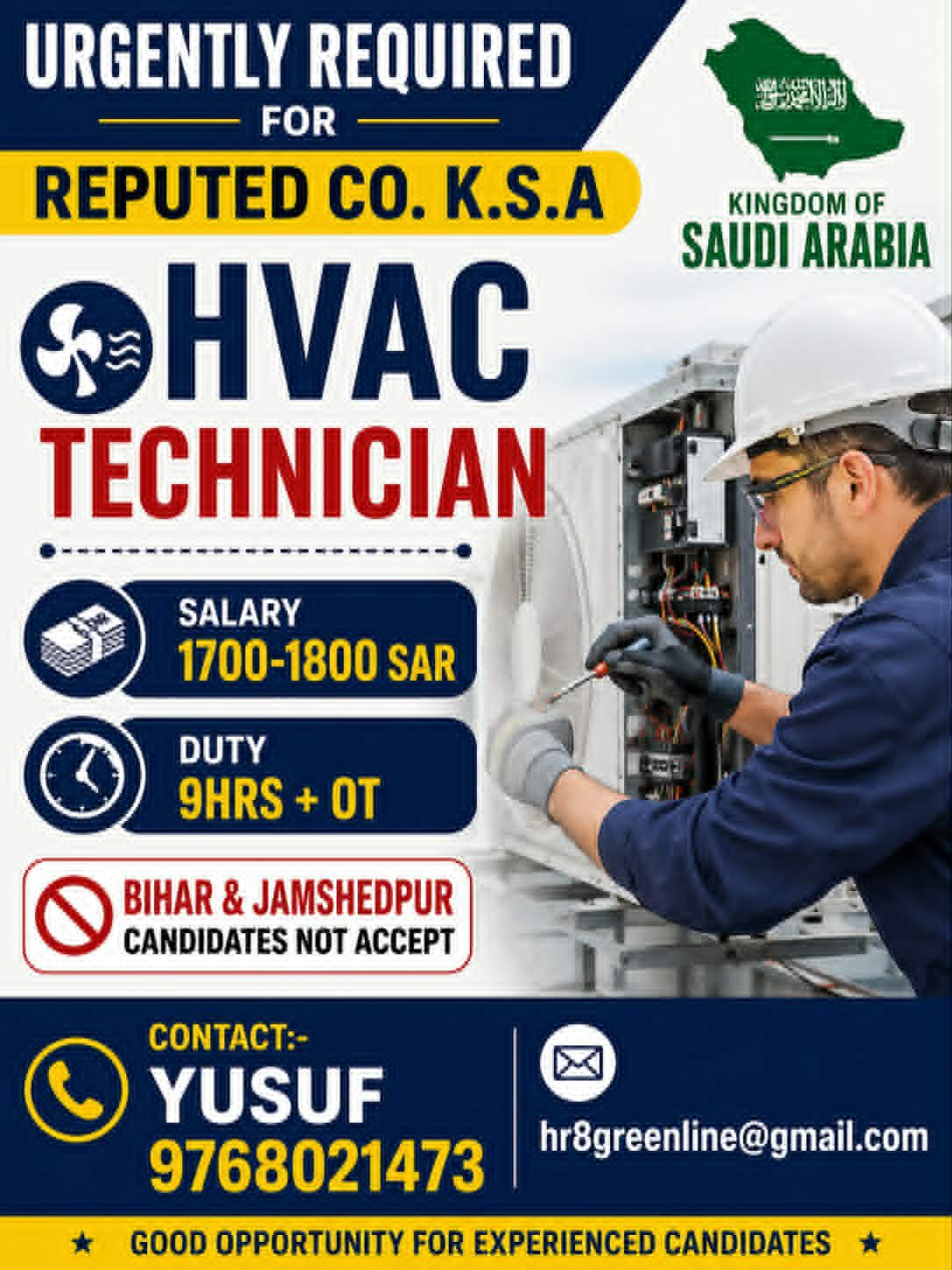 HVAC Technician Jobs in Saudi Arabia 2026 | Reputed Company KSA Hiring | Salary 1700–1800 SAR