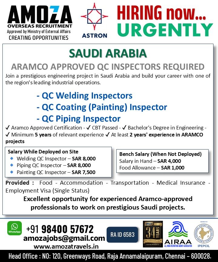 Saudi Arabia Aramco Approved QC Inspector Jobs 2026 | Free Recruitment | Apply Now