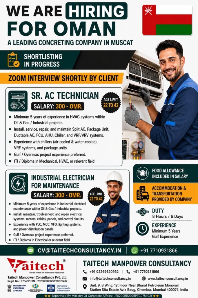 Oman Concreting Company Jobs 2026 – Senior AC Technician & Industrial Electrician | Muscat Recruitment