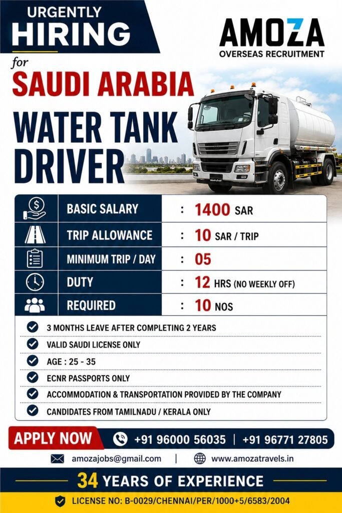 Saudi Arabia Water Tank Driver Jobs 2026 | Urgent Hiring | Apply Now