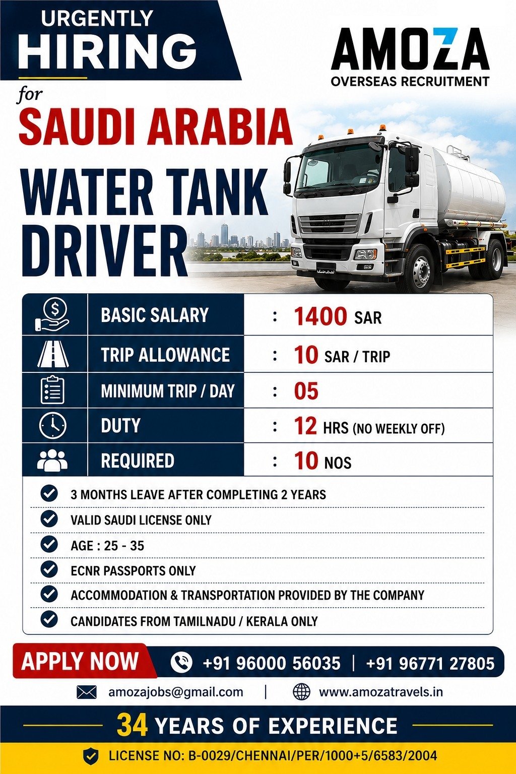 Saudi Arabia Water Tank Driver Jobs 2026 | Urgent Hiring | Apply Now