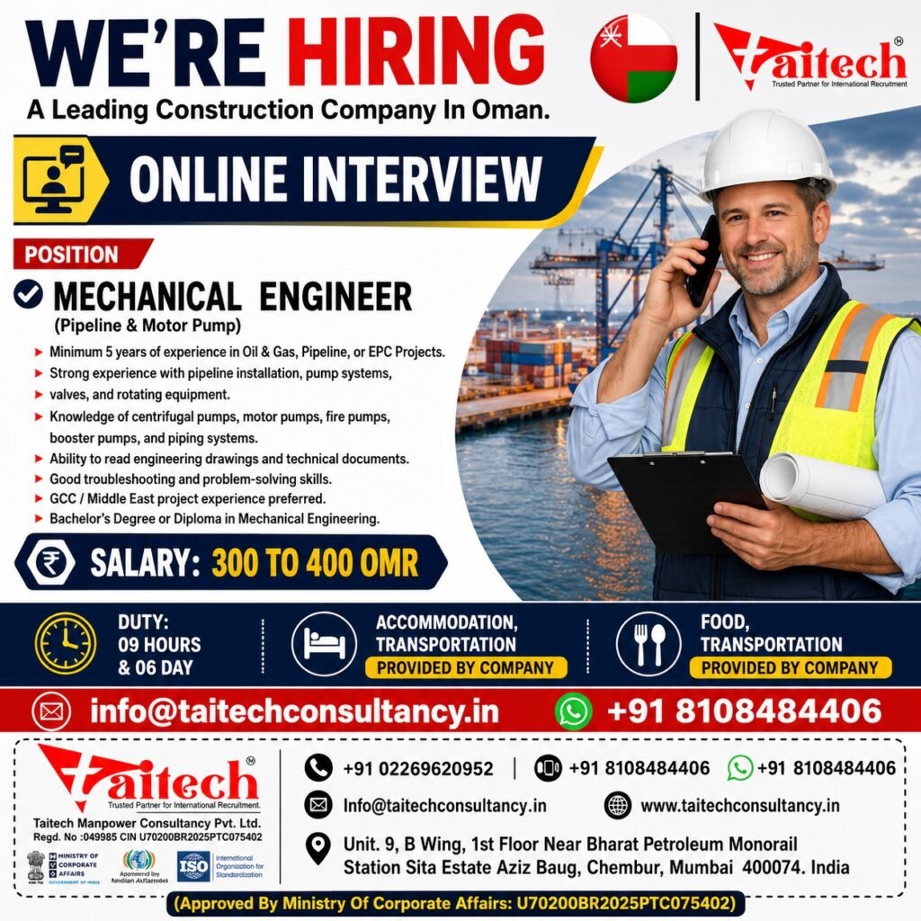 Oman Mechanical Engineer Jobs 2026 – Pipeline & Motor Pump Engineer Vacancies | Apply Now Oman Mechanical Engineer Jobs 2026 – Pipeline & Motor Pump Engineer Vacancies | Apply Now