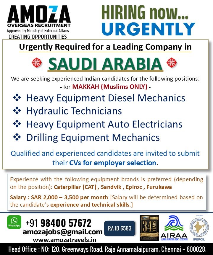 Saudi Arabia Heavy Equipment Jobs 2026 | Free Recruitment | Apply Now
