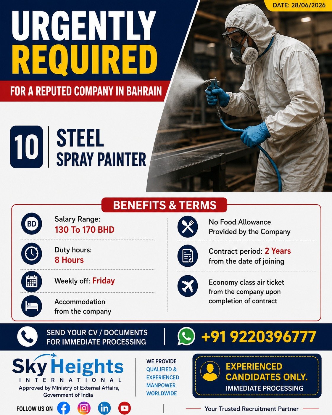 Bahrain Steel Spray Painter Jobs 2026 | Free Accommodation | Immediate Processing