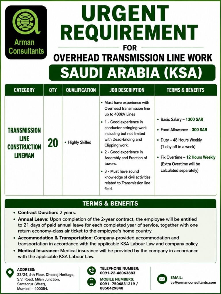 Saudi Arabia Transmission Line Construction Lineman Jobs 2026 – Overhead Transmission Line Project