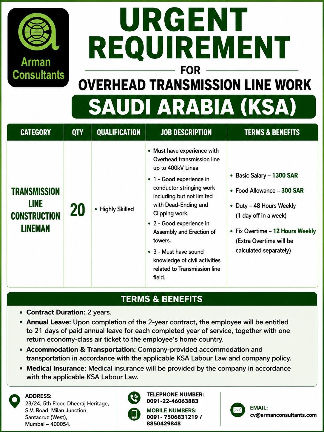 Saudi Arabia Transmission Line Construction Lineman Jobs 2026 – Overhead Transmission Line Project