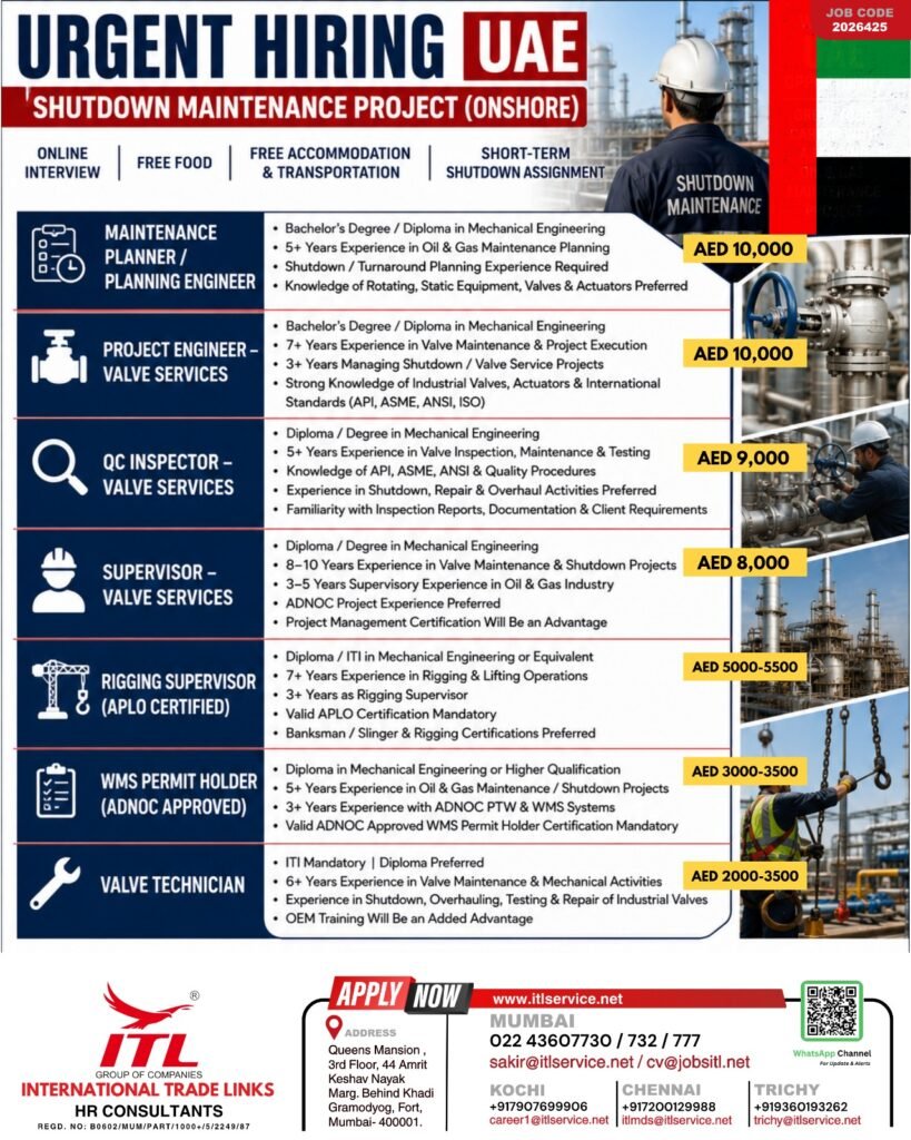UAE Shutdown Maintenance Project Jobs 2026 | Online Interview