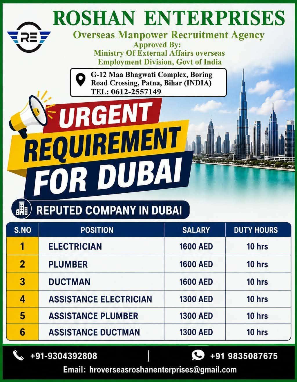 Dubai MEP Jobs 2026 – Electrician, Plumber & Ductman Vacancies 