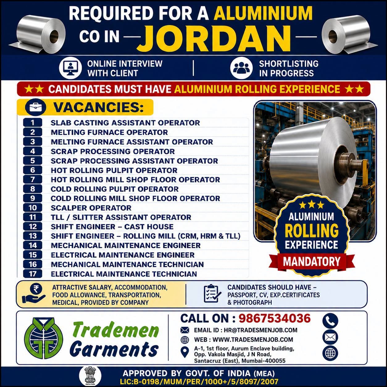 Jordan Aluminium Company Jobs 2026 | Aluminium Rolling Industry Vacancies