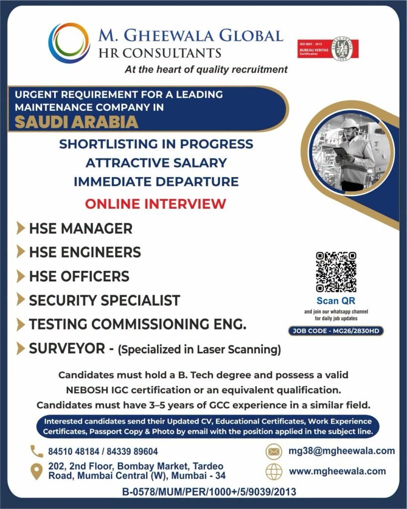 Saudi Arabia Maintenance Company Jobs 2026 – Online Interview