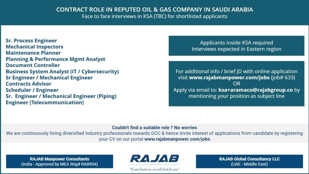 Saudi Arabia : Hiring For reputed Oil & Gas company 