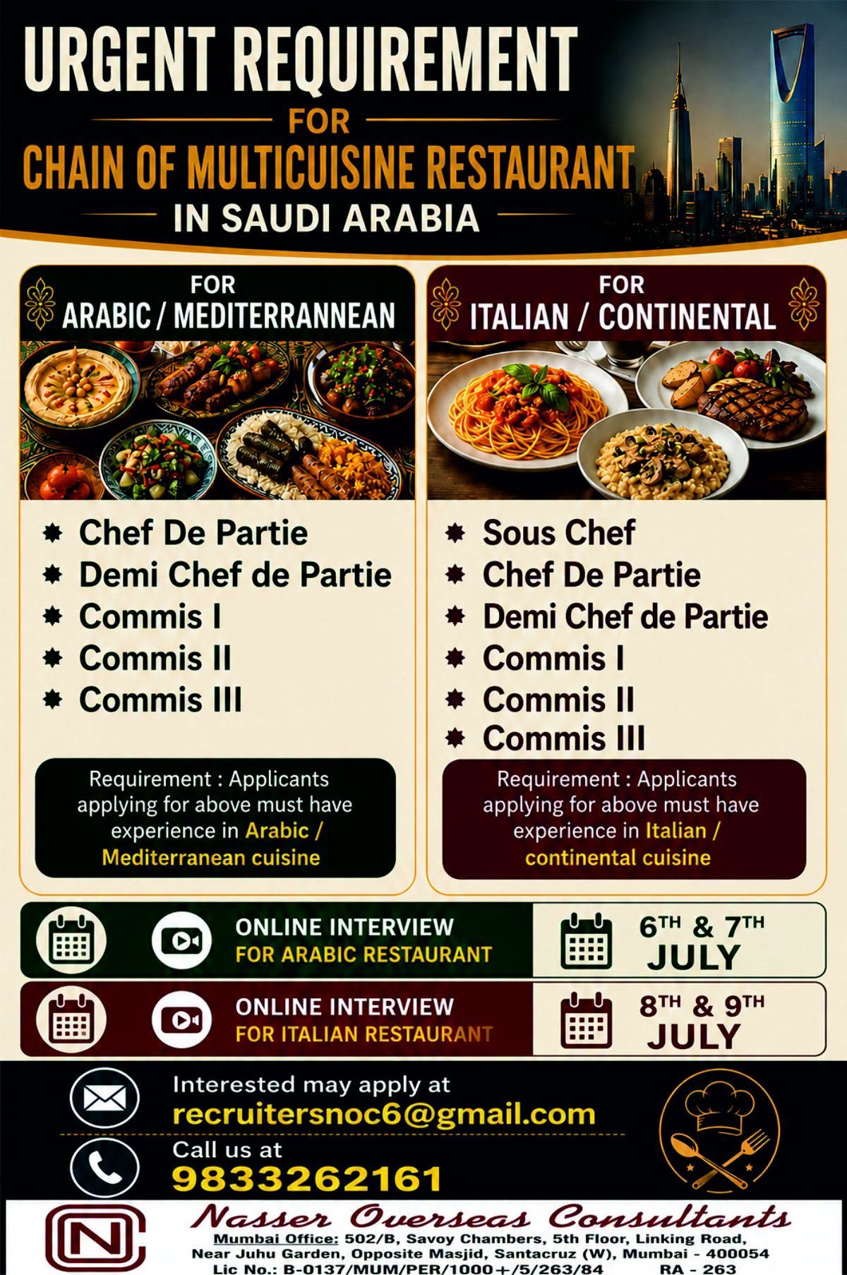 Saudi Arabia Multicuisine Restaurant Jobs 2026 – Chef & Commis Vacancies | Online Interview