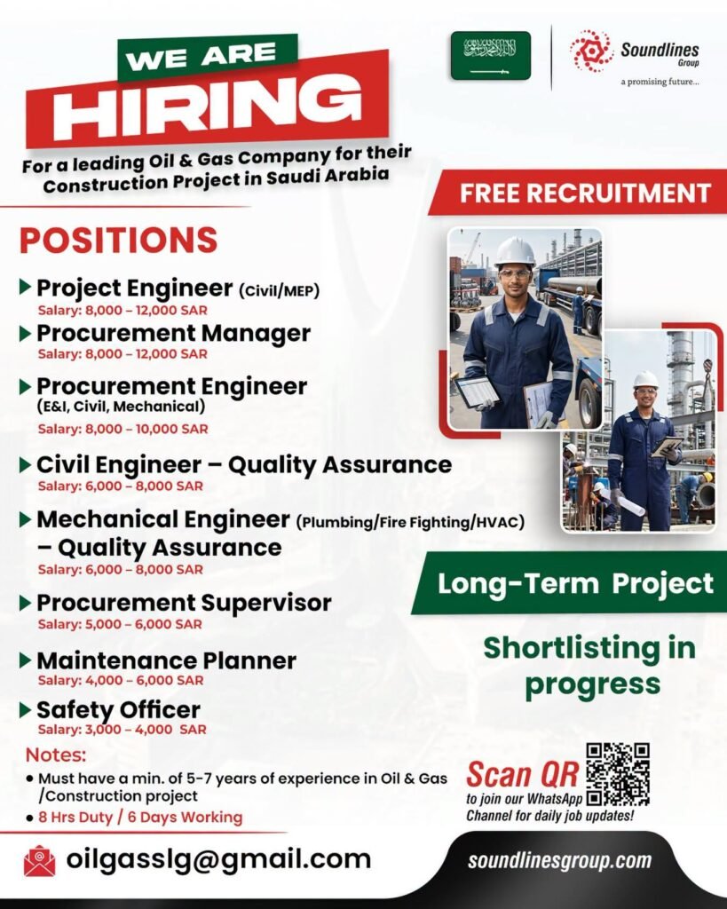 Saudi Arabia : Free Recruitment For a leading Oil & Gas Company for their Construction Project 