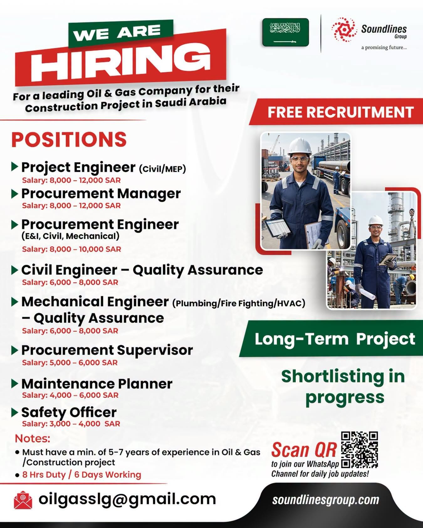 Saudi Arabia : Free Recruitment For a leading Oil & Gas Company for their Construction Project 