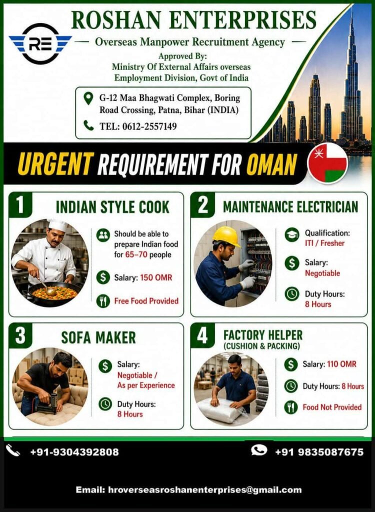 Oman Jobs 2026 – Indian Style Cook, Maintenance Electrician, Sofa Maker & Factory Helper Vacancies