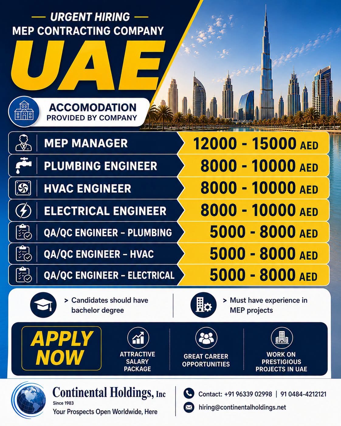 Urgent Hiring – MEP Contracting Company | UAE