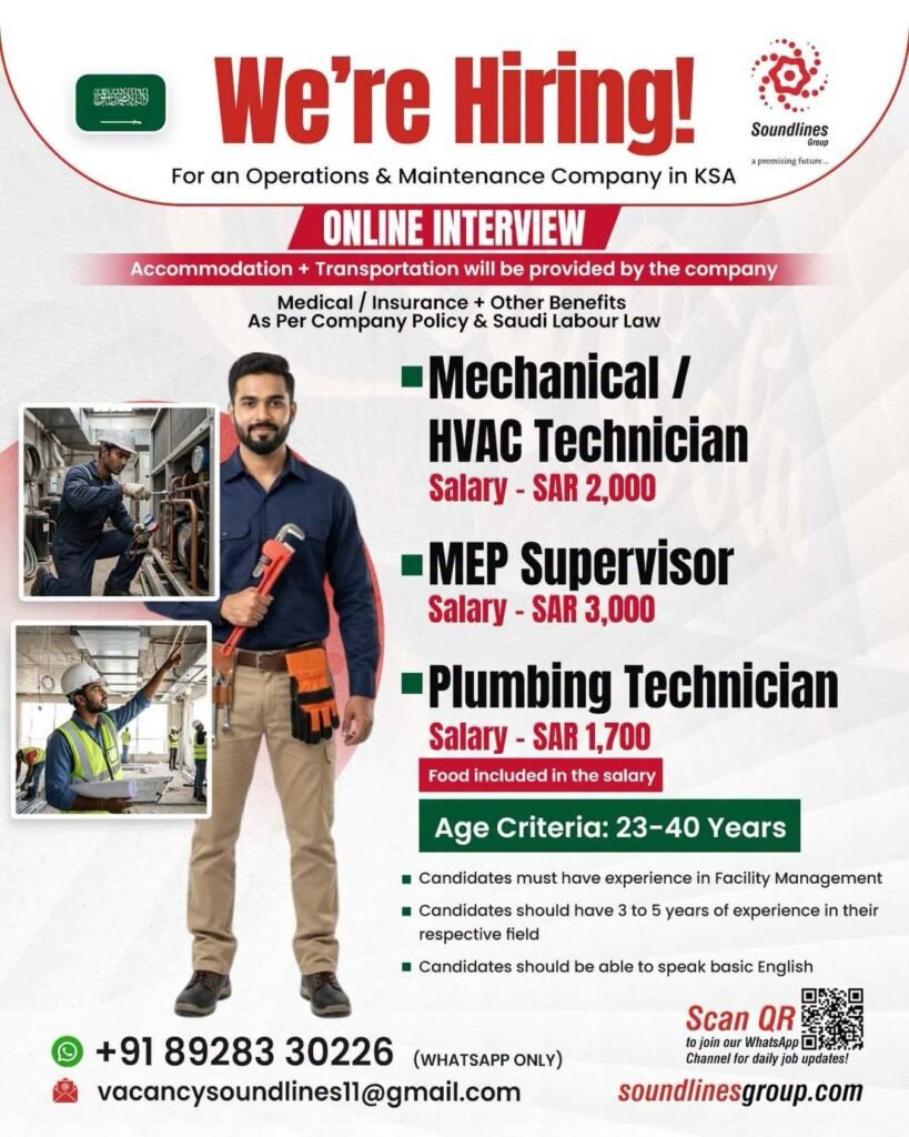 Hiring Urgent For an Operations & Maintenance Company in Saudi Arabia