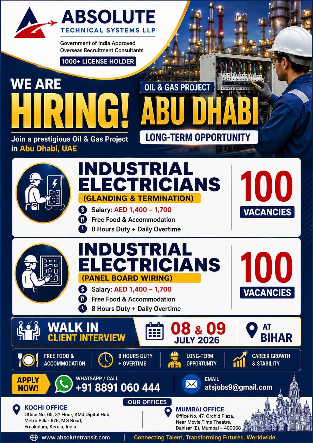 Abu Dhabi Oil & Gas Jobs 2026 – 200 Industrial Electrician Vacancies | Walk-in Interview 