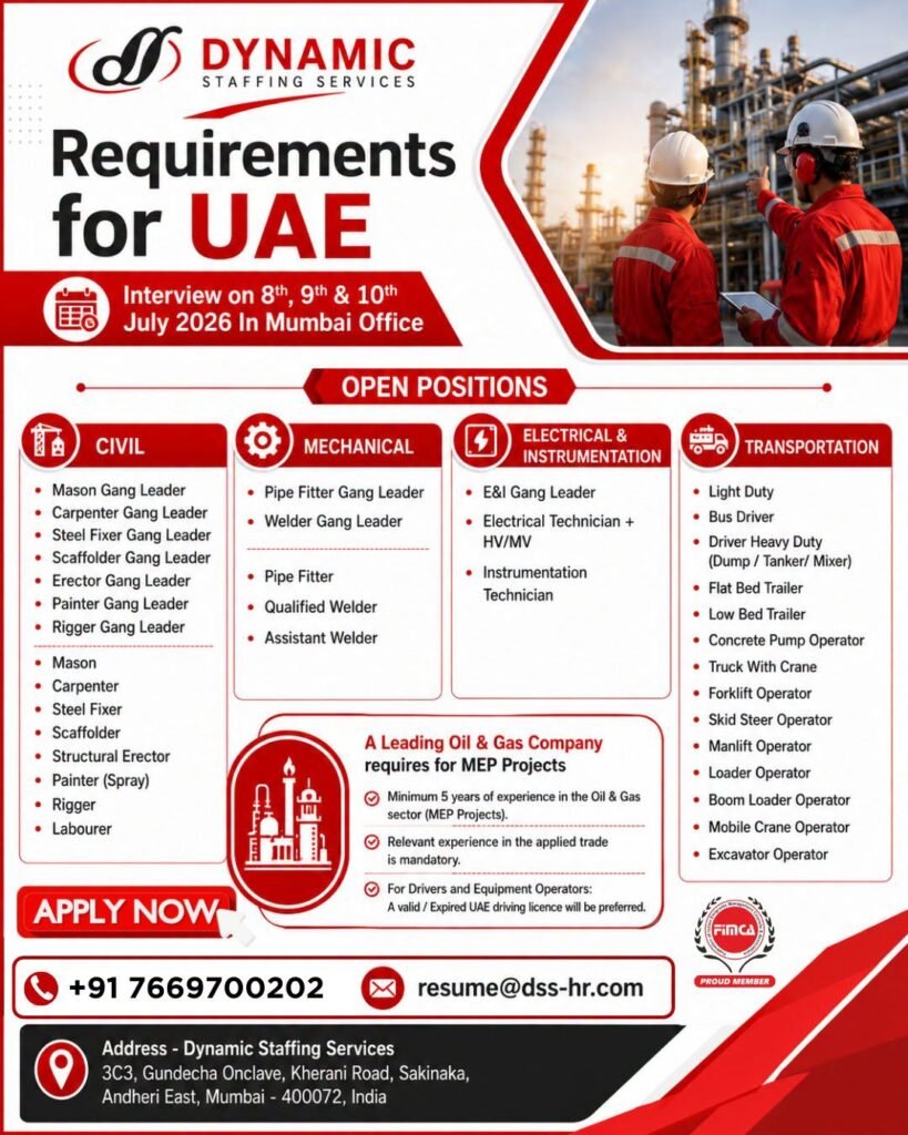 UAE Oil & Gas MEP Project Jobs 2026 | Apply Now