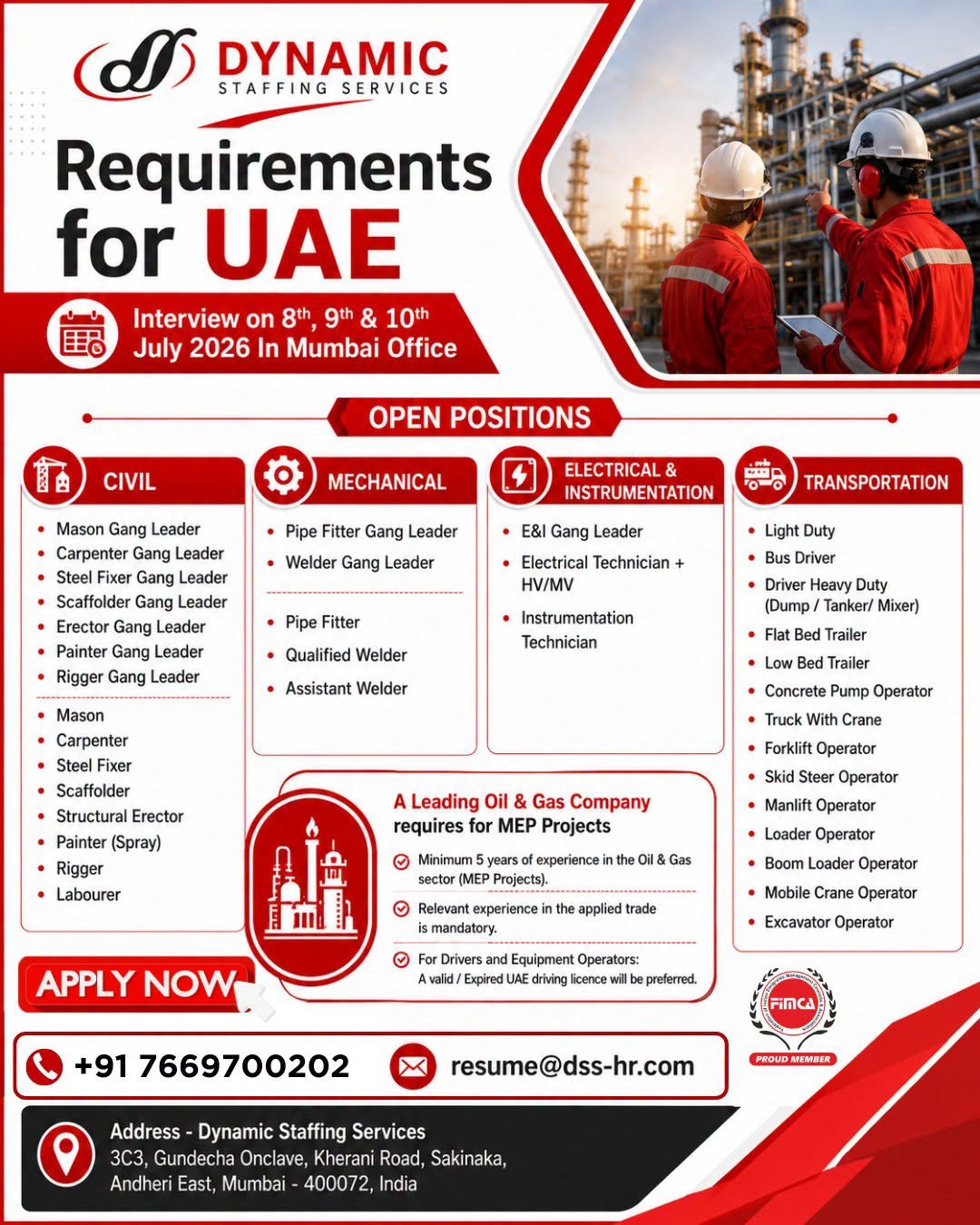 UAE Oil & Gas MEP Project Jobs 2026 | Apply Now