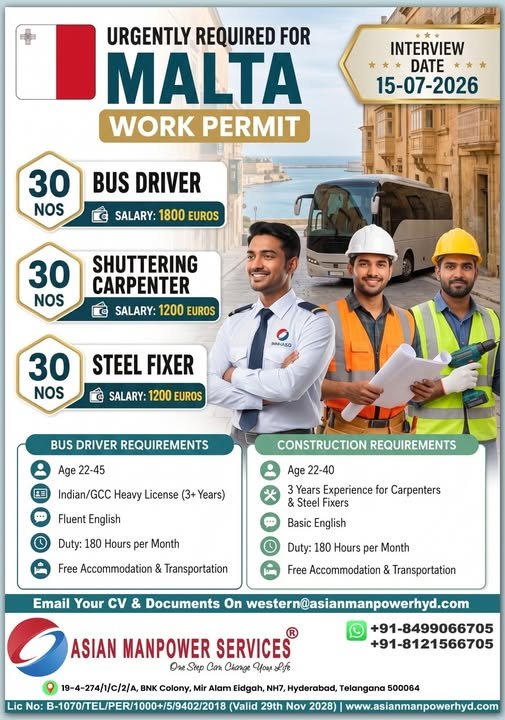 Malta Work Permit Jobs 2026 – Bus Driver, Shuttering Carpenter & Steel Fixer Vacancies | Apply Now