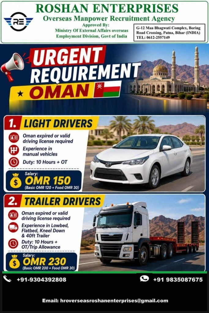 Oman Driver Jobs 2026 – Light Driver & Trailer Driver Vacancies 