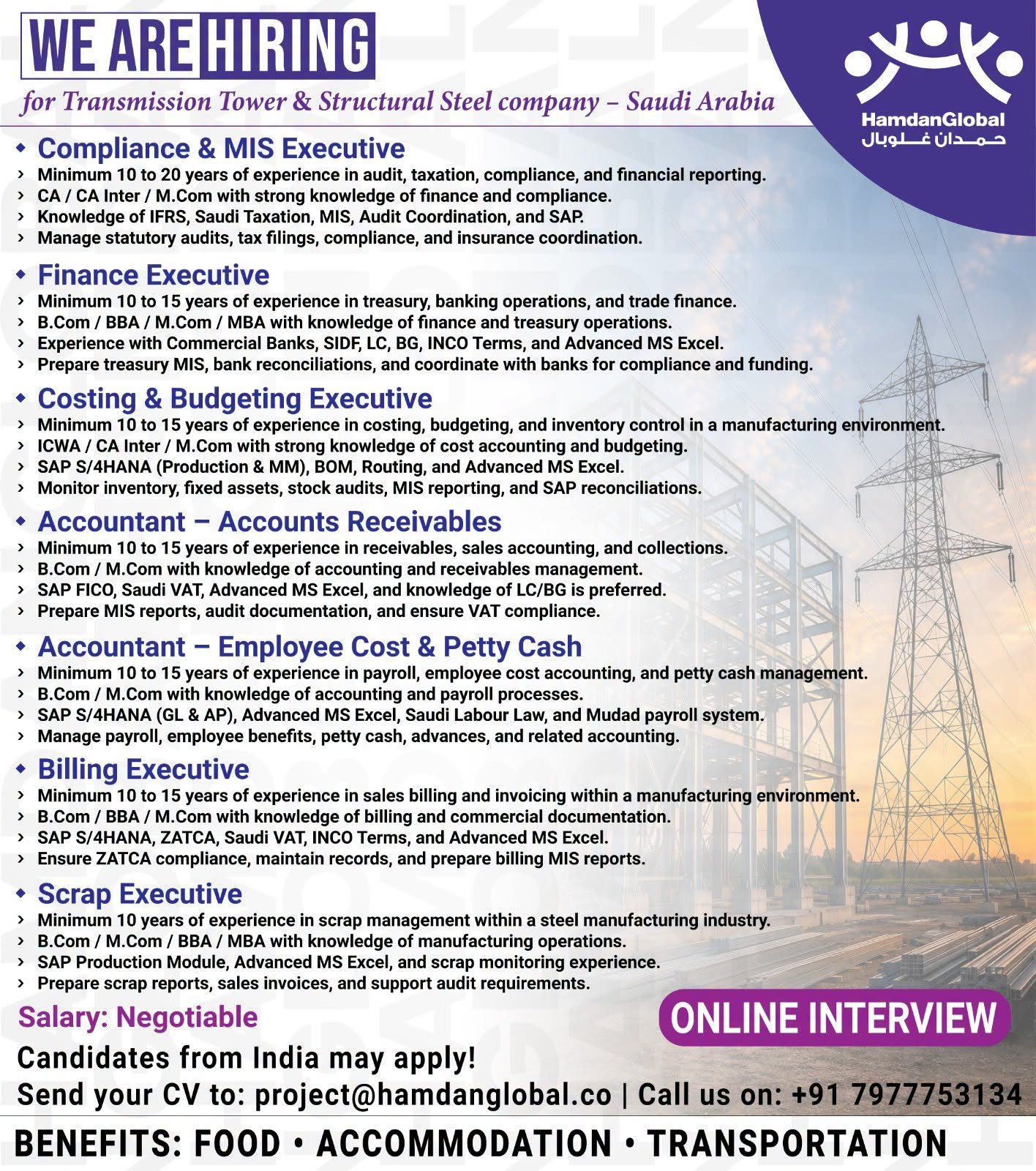 Saudi Arabia : hiring for Transmission Tower & Structural Steel Company