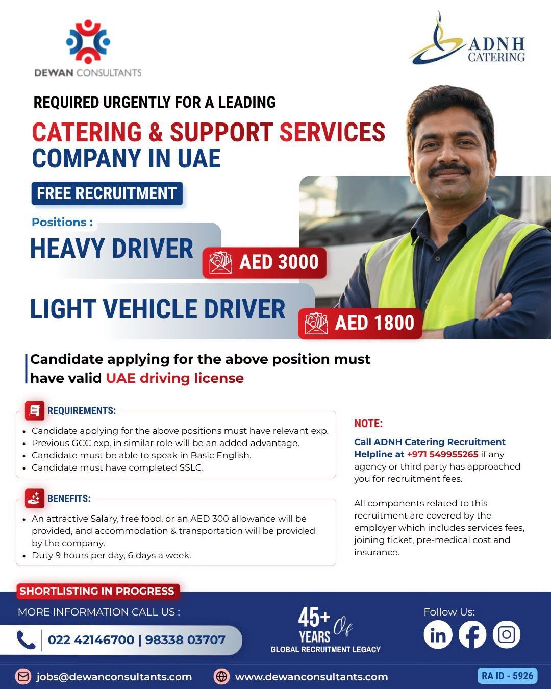 UAE : Hiring Urgently for a Leading Catering & Support Services Company 