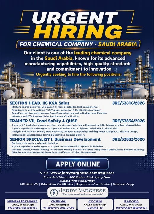 Urgent Hiring for Chemical Company, Saudi Arabia