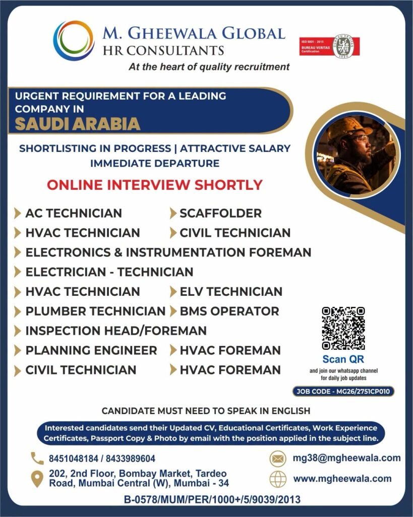 Saudi Arabia Jobs 2026 – Hiring For Multiple technical positions | Online Interview