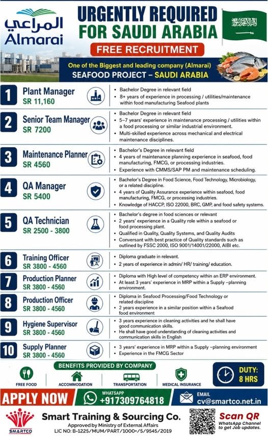 Almarai Saudi Arabia Seafood Project Jobs 2026 | Free Recruitment Almarai Saudi Arabia Seafood Project Jobs 2026 | Free Recruitment