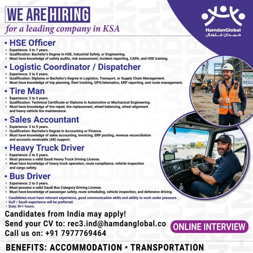 hiring for a leading company in Saudi Arabia - Multiple Vacancies