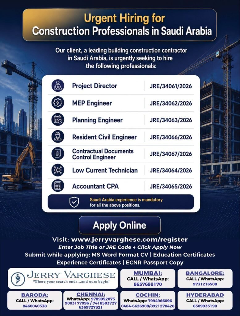 Urgent Hiring for building construction company in Saudi Arabia
