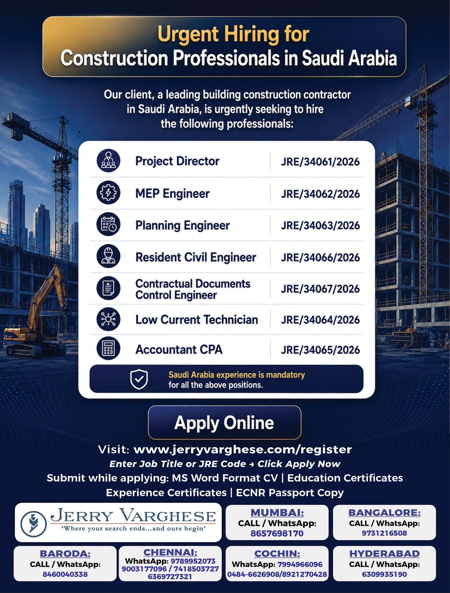 Urgent Hiring for building construction company in Saudi Arabia