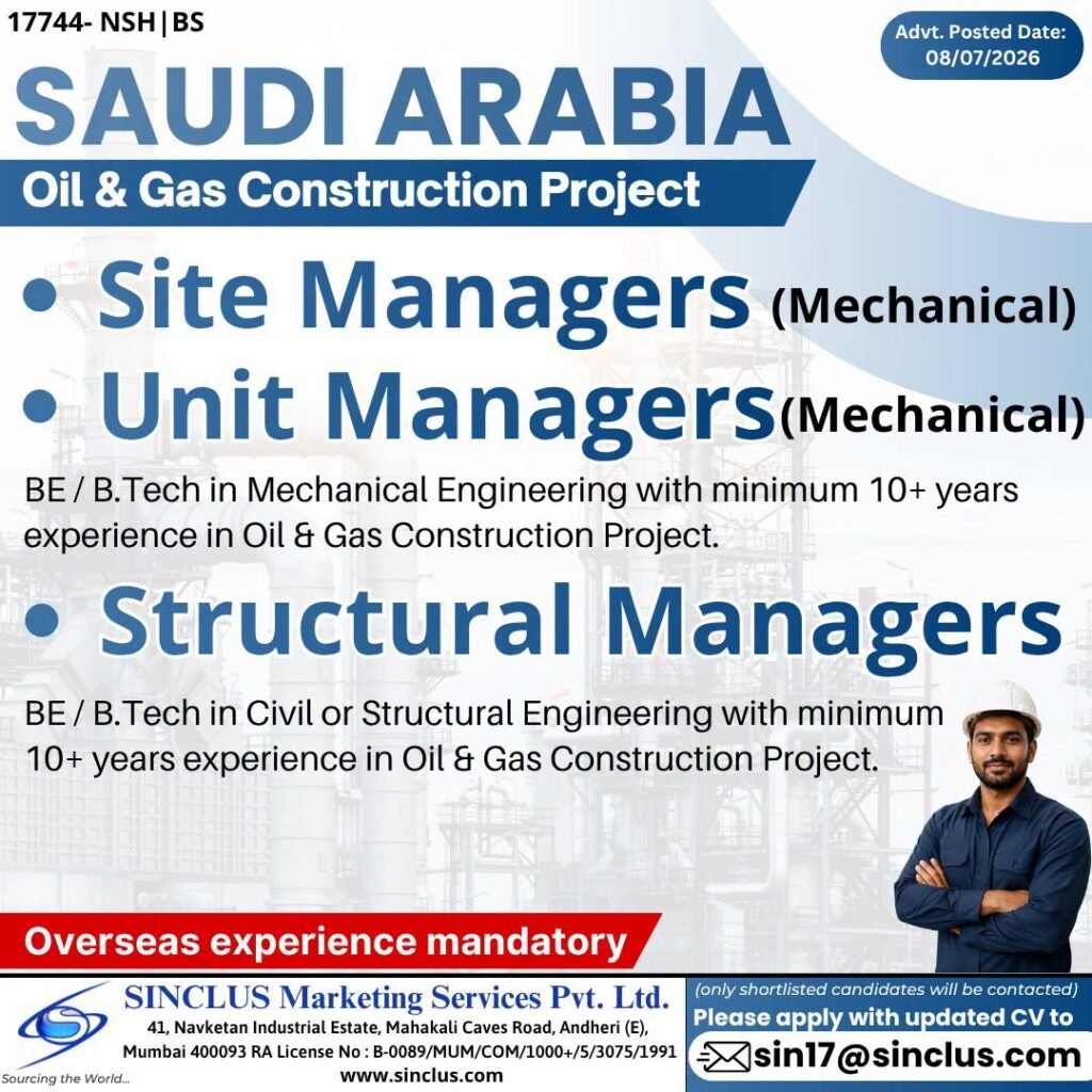Saudi Arabia Oil & Gas Construction Project Jobs 2026 – Site Manager, Unit Manager & Structural Manager Vacancies