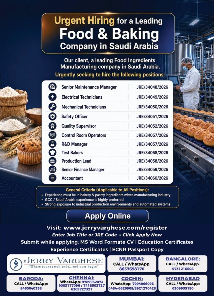 Urgent Hiring for Food Ingredients Manufacturing company in Saudi Arabia