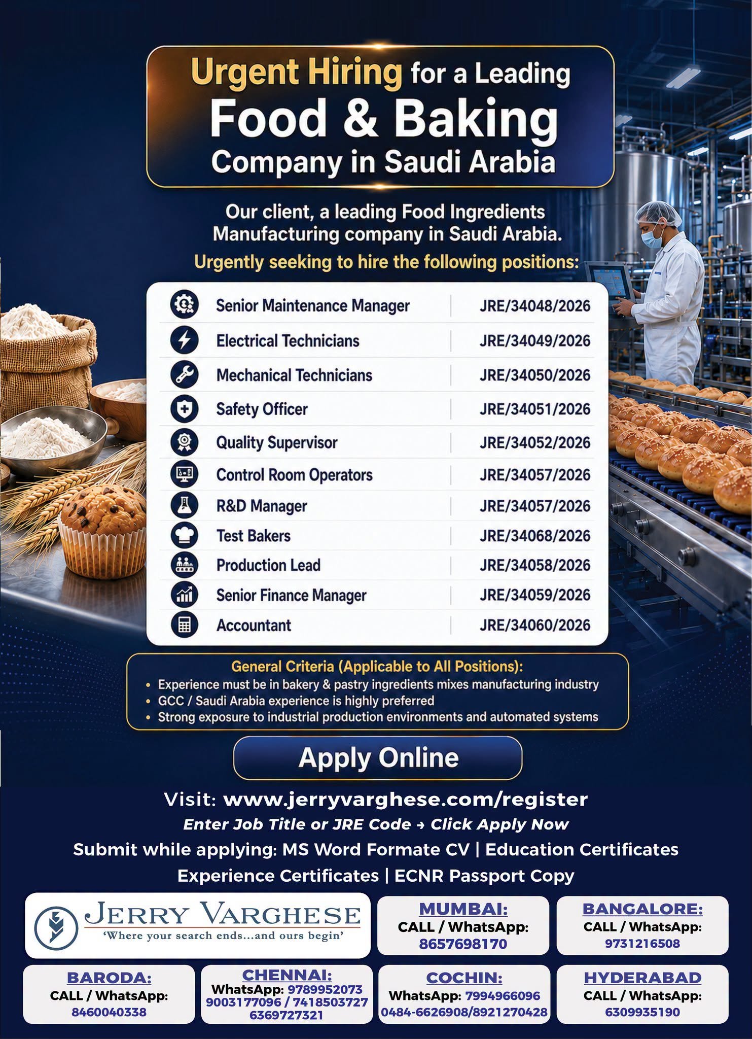 Urgent Hiring for Food Ingredients Manufacturing company in Saudi Arabia