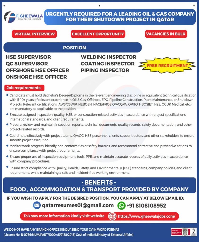 Qatar Shutdown Project Jobs 2026 – Free Recruitment