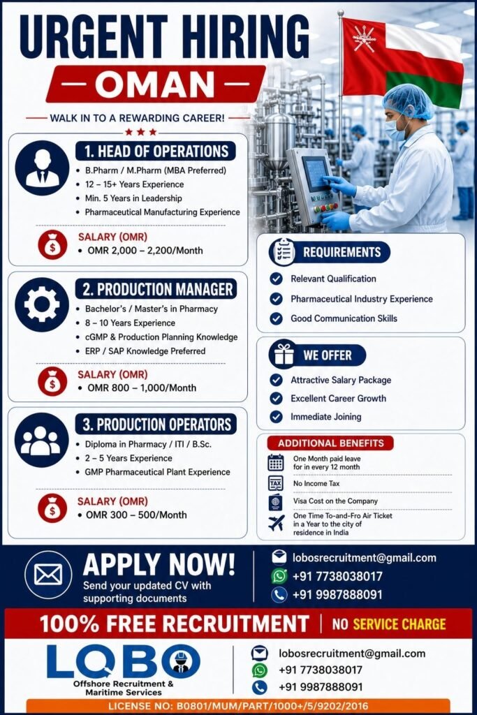 Oman Pharmaceutical Jobs 2026 – Head of Operations, Production Manager & Production Operators | Free Recruitment