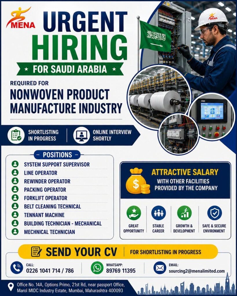 Saudi Arabia Jobs - Required for a Reputed Nonwoven Product Manufacturing Industry