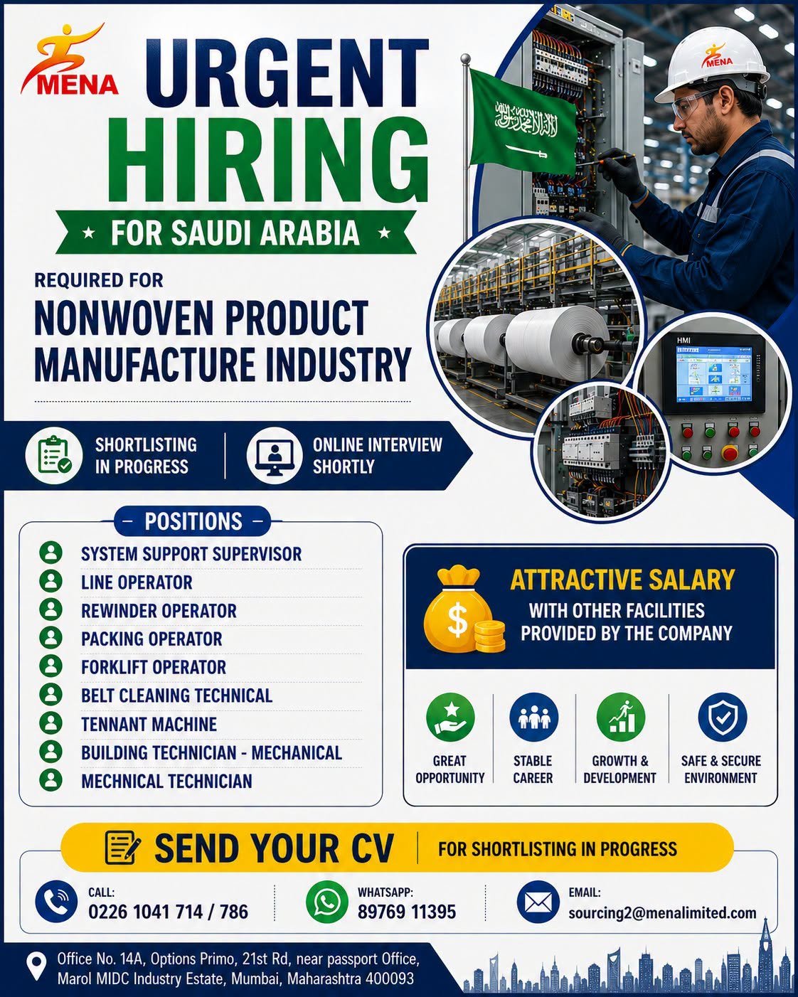 Saudi Arabia Jobs - Required for a Reputed Nonwoven Product Manufacturing Industry