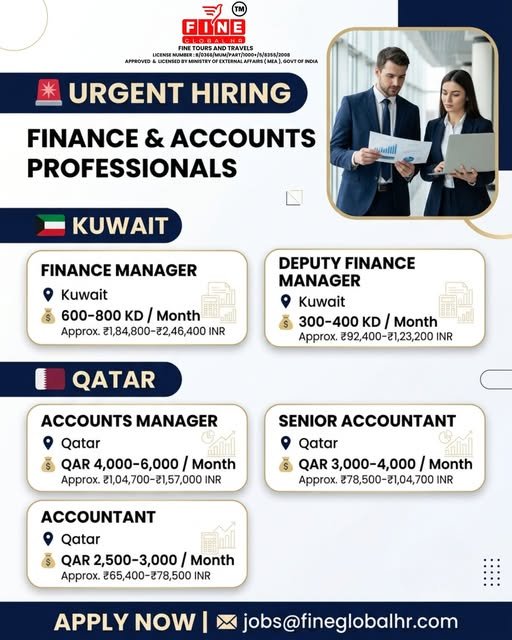 Kuwait & Qatar : Hiring Finance & Accounts Professionals 