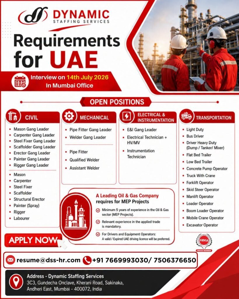 UAE Oil & Gas MEP Jobs 2026 – Free Recruitment / Interview on 14 July 2026