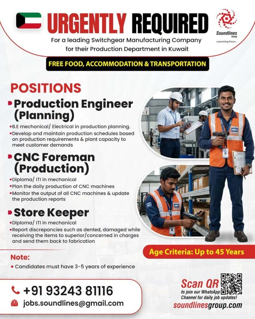 Kuwait : Hiring For a leading Switchgear Manufacturing Company for their Production Department