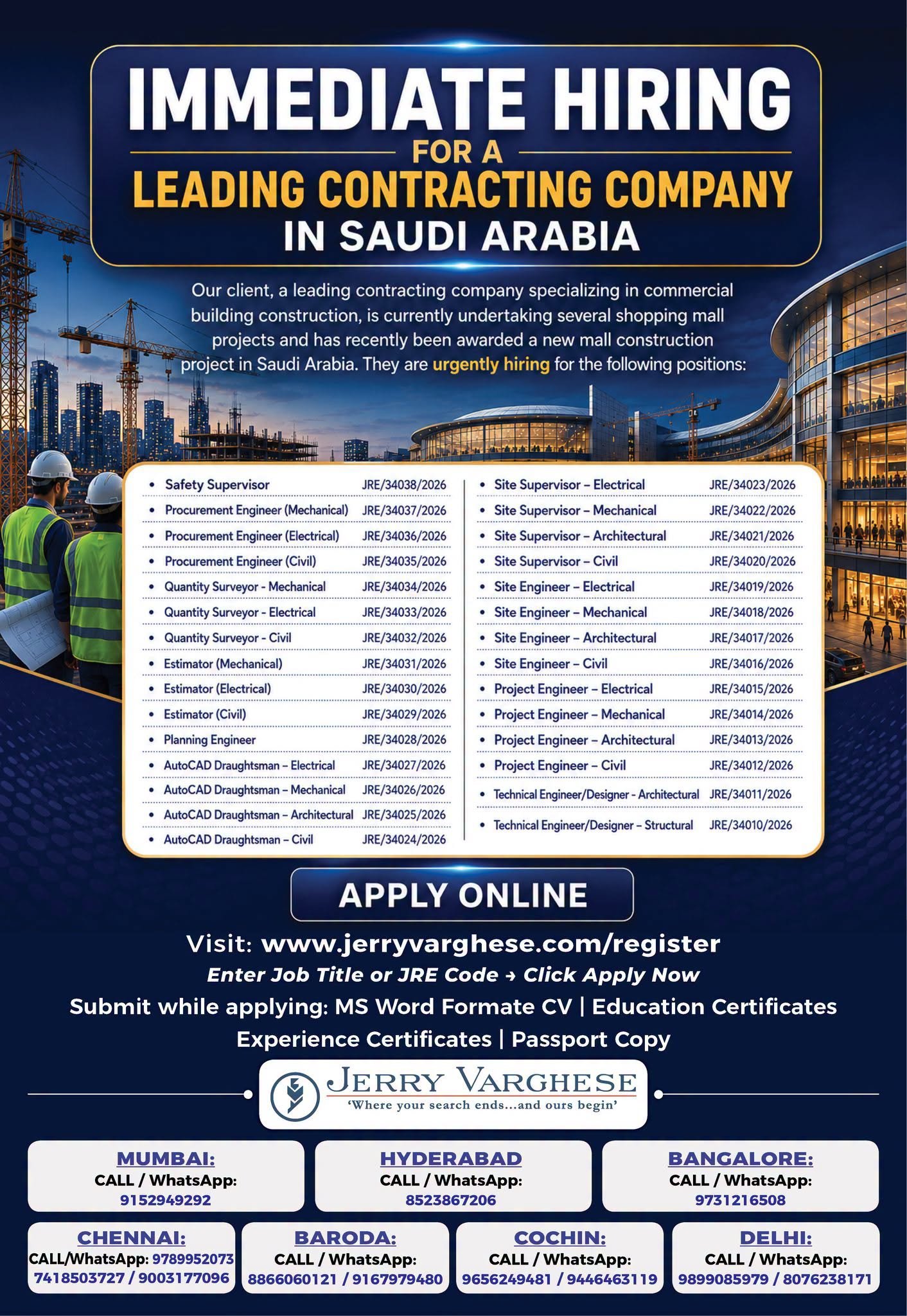 Urgent Hiring for Leading Contracting Company, Saudi Arabia